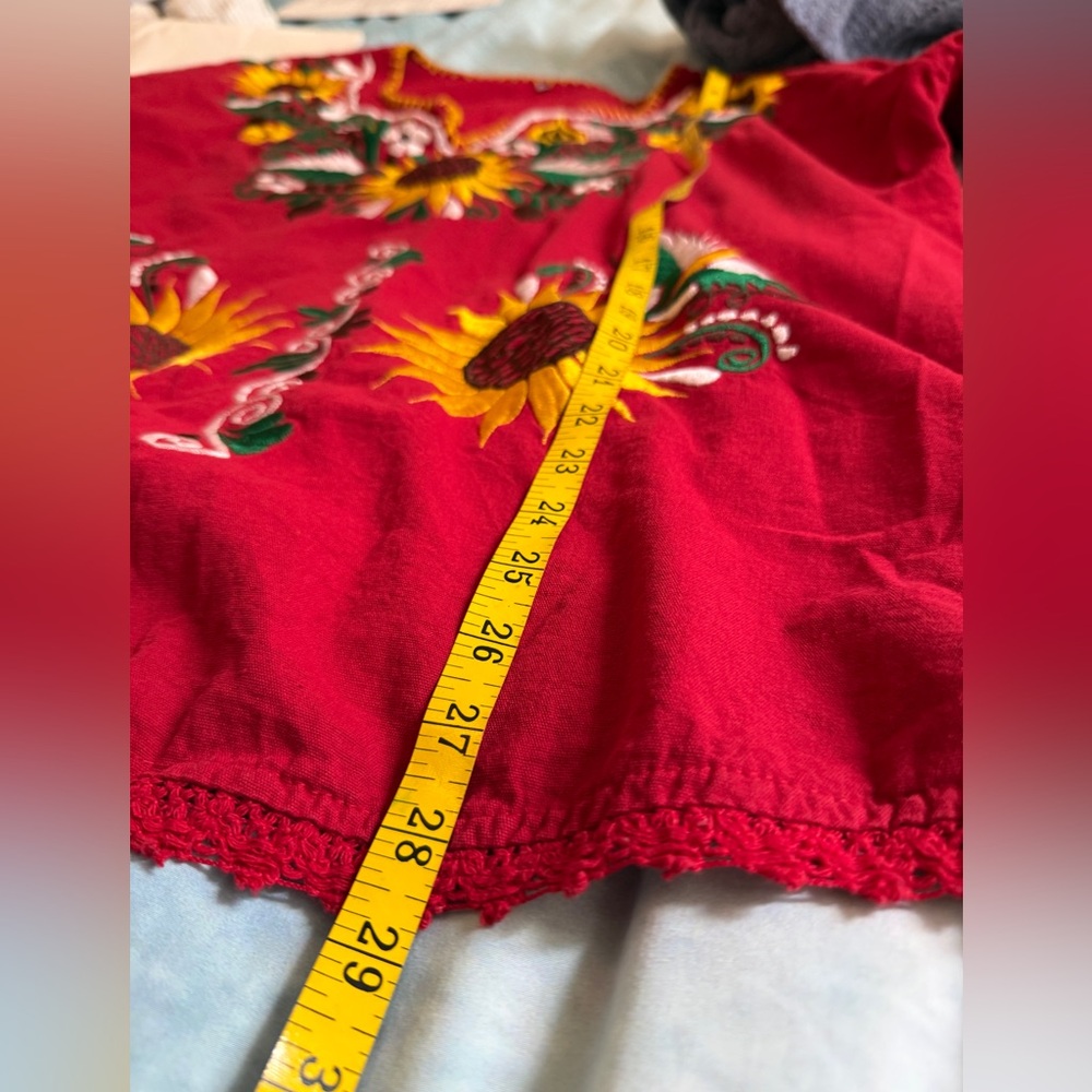 Women’s Sunflower Embroidered Red Long Sleeve Tunic Top - Picture 6 of 10